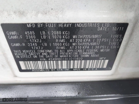 2012 Subaru Outback 2.5i Prem with VIN 4S4BRBCC0C3213822, listed as a IAAI auction lot 41854715 with 73,928 mi miles. Bid and sale history available at carsss.com. Image 9.
