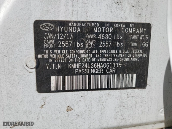 2017 Hyundai Sonata Hybrid SE with VIN KMHE24L36HA061335, listed as a Copart auction lot 52649475 with 186,825 mi miles and Clean Title. Bid and sale history available at carsss.com. Image 12.