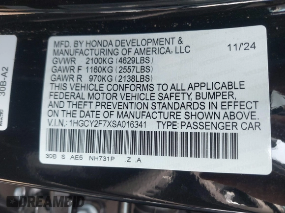 2025 Honda Accord Sport-L with VIN 1HGCY2F7XSA016341, listed as a IAAI auction lot 42076493 with Not provided miles and . Bid and sale history available at DreamBid. Image 9.