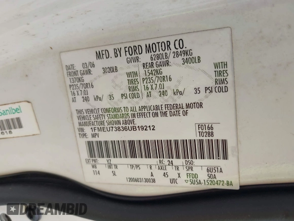 2006 Ford Explorer XLT с VIN 1FMEU73836UB19212, выставлен на аукционе IAAI как лот 42771892 с пробегом 168 113 миль миль и . История ставок и продаж доступна на DreamBid. Изображение 9.