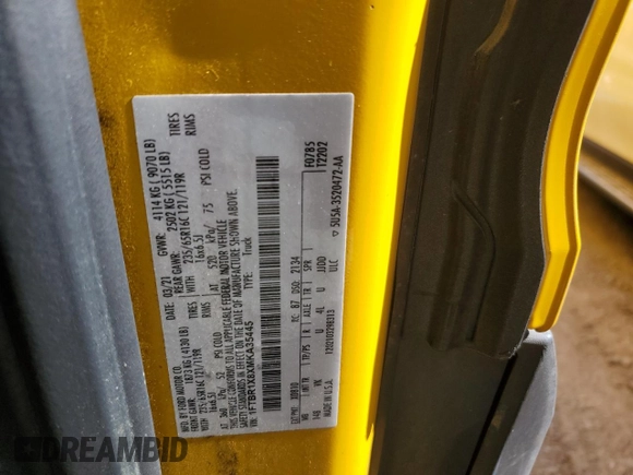 2021 Ford Transit Cargo with VIN 1FTBR1X8XMKA35445, listed as a Copart auction lot 46177815 with Not Provided miles and Salvage Title. Bid and sale history available at DreamBid. Image 13.