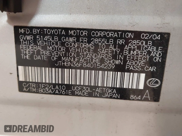 2004 Lexus LS 430 z VIN JTHBN36F840154239, wystawiony jako IAAI lot #42321185 z przebiegiem 117 073 mil mil oraz . Historia ofert i sprzedaży dostępna na DreamBid. Obrazek 9.