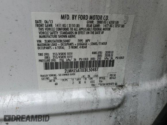 2014 Lincoln MKT EcoBoost with VIN 2LMHJ5ATXEBL50487, listed as a Copart auction lot 46649885 with 187,261 mi miles and Salvage Title. Bid and sale history available at DreamBid. Image 14.