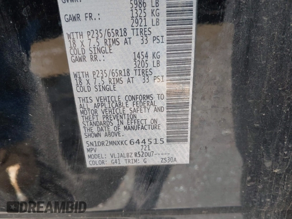 2019 Nissan Pathfinder S with VIN 5N1DR2MNXKC644515, listed as a IAAI auction lot 42412087 with 111,735 mi miles and . Bid and sale history available at DreamBid. Image 9.