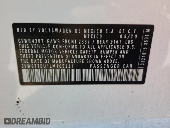 2020 Volkswagen Jetta GLI S z VIN 3VW6T7BU1LM105221, wystawiony jako Copart lot #48617735 z przebiegiem 72 986 mil mil oraz Szkoda całkowita • Salvage title. Historia ofert i sprzedaży dostępna na DreamBid. Obrazek 15.