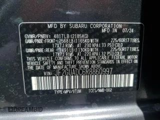 2024 Subaru Crosstrek Premium с VIN JF2GUADC6R8860997, выставлен на аукционе Copart как лот 56731155 с пробегом 9 837 миль миль и Списание • Salvage title. История ставок и продаж доступна на DreamBid. Изображение 12.