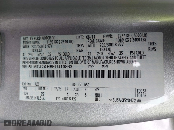 2015 Lincoln MKC with VIN 5LMTJ2AH6FUJ10863, listed as a IAAI auction lot 41983116 with 111,250 mi miles. Bid and sale history available at carsss.com. Image 9.