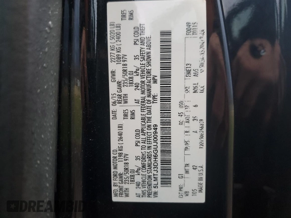 2016 Lincoln MKC Reserve with VIN 5LMTJ3DH6GUJ00949, listed as a Copart auction lot 49880835 with 182,373 mi miles and Salvage Title. Bid and sale history available at DreamBid. Image 15.