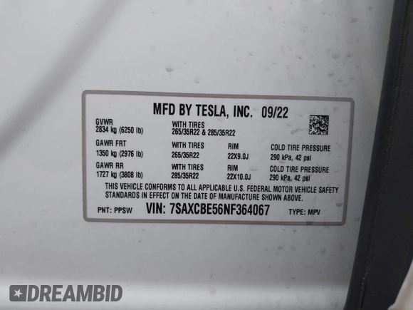 2022 Tesla Model X with VIN 7SAXCBE56NF364067, listed as a IAAI auction lot 40947378 with Not Provided miles and . Bid and sale history available at DreamBid. Image 9.