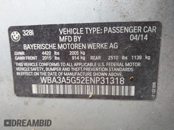 2014 BMW 3 Series 328i with VIN WBA3A5G52ENP31318, listed as a IAAI auction lot 42801411 with 149,355 mi miles and . Bid and sale history available at DreamBid. Image 9.