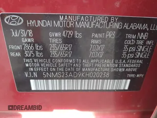 2019 Hyundai Santa Fe SE с VIN 5NMS23AD9KH020238, выставлен на аукционе IAAI как лот 42472418 с пробегом 101 402 миль миль и . История ставок и продаж доступна на DreamBid. Изображение 9.