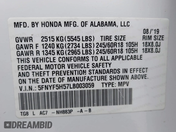 2020 Honda Pilot EX-L with VIN 5FNYF5H57LB003059, listed as a IAAI auction lot 41685916 with 114,742 mi miles. Bid and sale history available at carsss.com. Image 9.