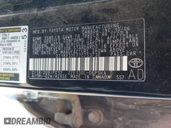 2007 Toyota Corolla CE with VIN 2T1BR32E77C753730, listed as a IAAI auction lot 42154237 with 211,458 mi miles and . Bid and sale history available at DreamBid. Image 9.
