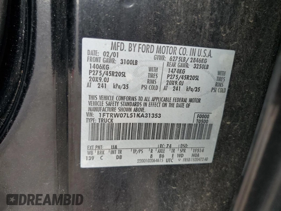 2001 Ford F-150 XLT with VIN 1FTRW07L51KA31353, listed as a Copart auction lot 59724275 with Not provided miles and Salvage title. Bid and sale history available at DreamBid. Image 12.