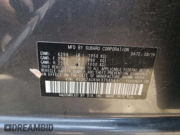 2019 Subaru Impreza Limited with VIN 4S3GTAU69K3758561, listed as a Copart auction lot 53990565 with 76,588 mi miles and Salvage Title. Bid and sale history available at carsss.com. Image 12.