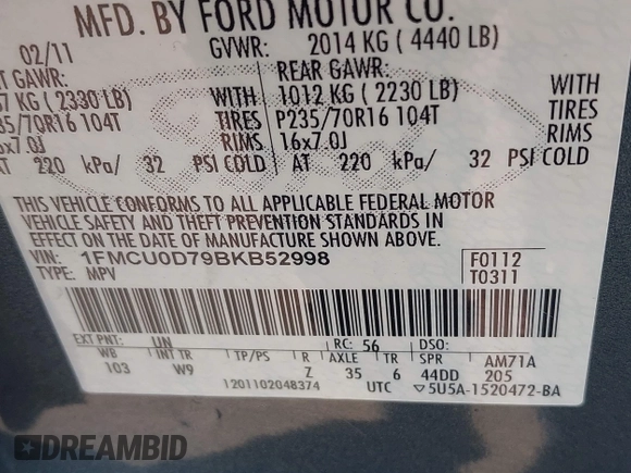 2011 Ford Escape XLT with VIN 1FMCU0D79BKB52998, listed as a IAAI auction lot 41980154 with 175,375 mi miles. Bid and sale history available at carsss.com. Image 9.