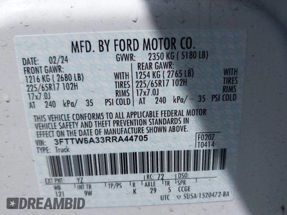 2024 Ford Maverick XL z VIN 3FTTW8A33RRA44705, wystawiony jako IAAI lot #42119896 z przebiegiem 8855 mil mil oraz . Historia ofert i sprzedaży dostępna na DreamBid. Obrazek 9.