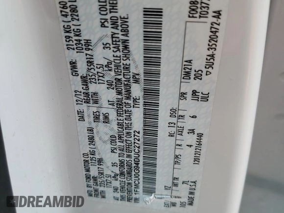 2013 Ford Escape SE with VIN 1FMCU0G94DUC27272, listed as a Copart auction lot 54906375 with 132,764 mi miles and Clean Title. Bid and sale history available at DreamBid. Image 13.