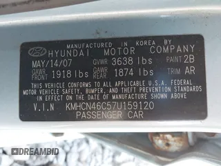 2007 Hyundai Accent GLS with VIN KMHCN46C57U159120, listed as a IAAI auction lot 42021811 with 114,564 mi miles. Bid and sale history available at carsss.com. Image 9.