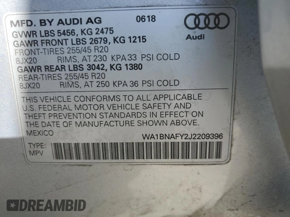 2018 Audi Q5 Premium Plus with VIN WA1BNAFY2J2209396, listed as a Copart auction lot 52804525 with 55,027 mi miles and Salvage Title. Bid and sale history available at carsss.com. Image 12.