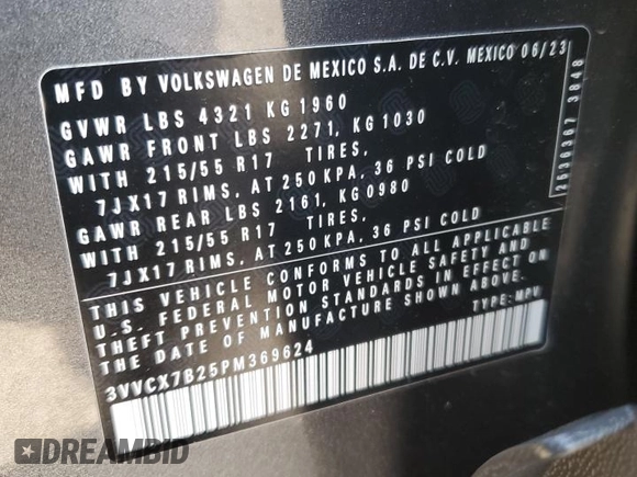 2023 Volkswagen Taos S с VIN 3VVCX7B25PM369624, выставлен на аукционе Copart как лот 51162255 с пробегом 18 004 миль миль и Списание • Salvage title. История ставок и продаж доступна на DreamBid. Изображение 15.