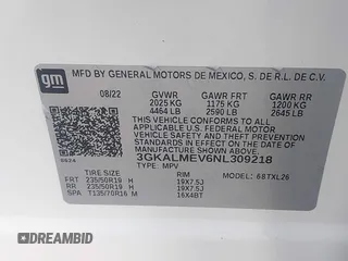 2022 GMC Terrain SLE with VIN 3GKALMEV6NL309218, listed as a IAAI auction lot 41635176 with 29,575 mi miles and . Bid and sale history available at carsss.com. Image 9.