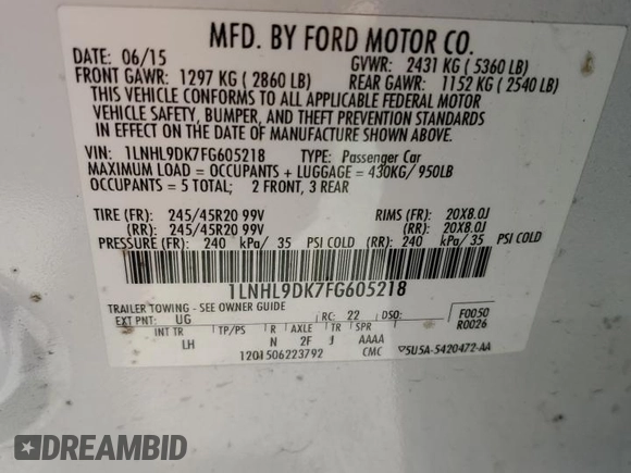 2015 Lincoln MKS с VIN 1LNHL9DK7FG605218, выставлен на аукционе Copart как лот 50882695 с пробегом 160 907 миль миль и Списание • Salvage title. История ставок и продаж доступна на DreamBid. Изображение 14.