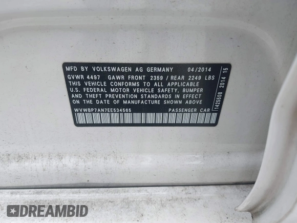 2014 Volkswagen CC R-Line with VIN WVWBP7AN7EE534565, listed as a IAAI auction lot 42477774 with 85,539 mi miles and . Bid and sale history available at DreamBid. Image 9.