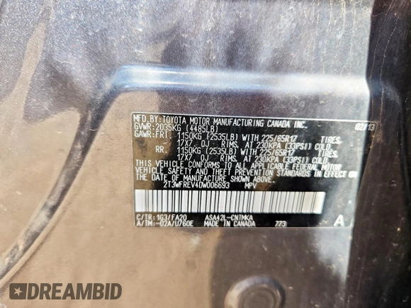2013 Toyota RAV4 XLE with VIN 2T3WFREV4DW006693, listed as a Copart auction lot 62377295 with 113,515 mi miles and Clean title. Bid and sale history available at DreamBid. Image 12.