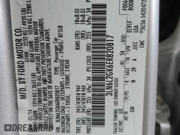 2014 Lincoln MKZ with VIN 3LN6L2GK6ER820817, listed as a Copart auction lot 58742365 with 201,284 mi miles and Salvage title. Bid and sale history available at DreamBid. Image 12.