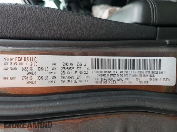 2020 Dodge Durango SXT Plus with VIN 1C4RDJAG8LC166685, listed as a Copart auction lot 58736085 with 72,448 mi miles and Salvage title. Bid and sale history available at DreamBid. Image 14.