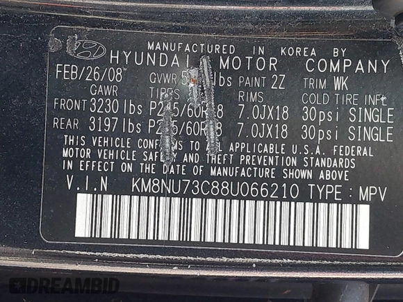 2008 Hyundai Veracruz GLS with VIN KM8NU73C88U066210, listed as a IAAI auction lot 41870897 with 167,384 mi miles and . Bid and sale history available at DreamBid. Image 9.