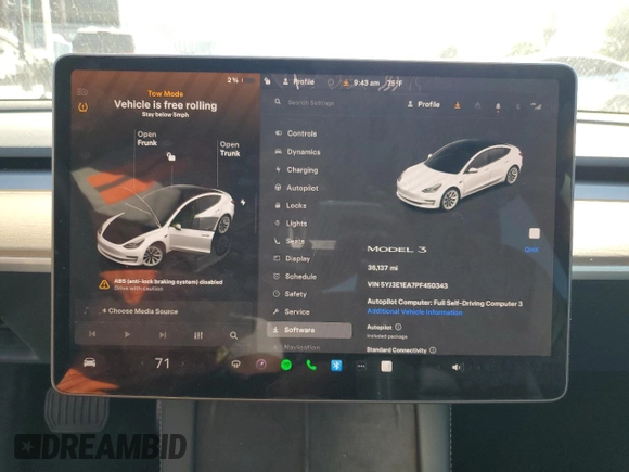2023 Tesla Model 3 with VIN 5YJ3E1EA7PF450343, listed as a Copart auction lot 52446595 with 36,137 mi miles and Salvage Title. Bid and sale history available at DreamBid. Image 9.