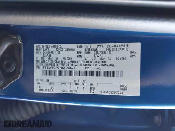 2017 Ford F-150 XL with VIN 1FTEW1CP7HKC35627, listed as a IAAI auction lot 42422310 with 172,086 mi miles and . Bid and sale history available at DreamBid. Image 8.