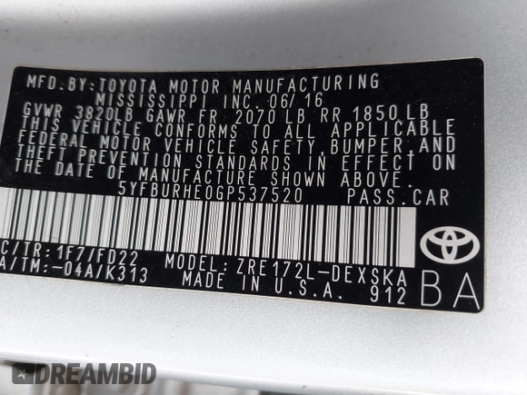 2016 Toyota Corolla L with VIN 5YFBURHE0GP537520, listed as a IAAI auction lot 42110326 with 171,964 mi miles and . Bid and sale history available at DreamBid. Image 9.