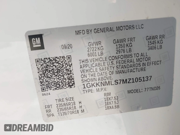 2021 GMC Acadia SLT with VIN 1GKKNMLS7MZ105137, listed as a IAAI auction lot 42526856 with 16,290 mi miles and . Bid and sale history available at DreamBid. Image 9.