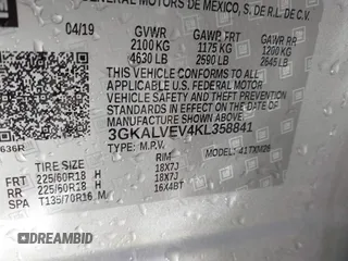 2019 GMC Terrain SLT with VIN 3GKALVEV4KL358841, listed as a IAAI auction lot 41776703 with 56,835 mi miles. Bid and sale history available at carsss.com. Image 9.