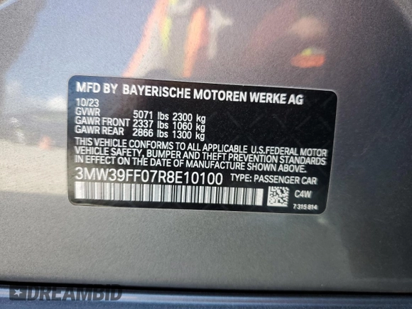 2024 BMW 3 Series 330e with VIN 3MW39FF07R8E10100, listed as a Copart auction lot 78593224 with 0 mi miles and Non Repairable. Bid and sale history available at carsss.com. Image 12.