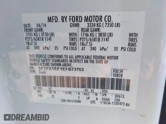 2014 Ford F-150 XL with VIN 1FTFX1EF1EFB73703, listed as a IAAI auction lot 41576855 with 122,721 mi miles. Bid and sale history available at carsss.com. Image 9.