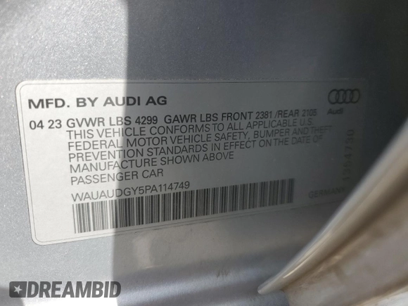 2023 Audi A3 Premium with VIN WAUAUDGY5PA114749, listed as a Copart auction lot 55321875 with 35,087 mi miles and Salvage Title. Bid and sale history available at DreamBid. Image 12.