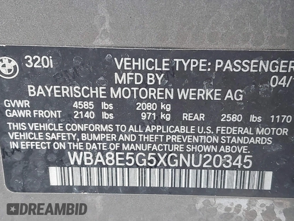 2016 BMW 3 Series 320i xDrive z VIN WBA8E5G5XGNU20345, wystawiony jako IAAI lot #41450461 z przebiegiem 155 607 mil mil oraz . Historia ofert i sprzedaży dostępna na DreamBid. Obrazek 9.