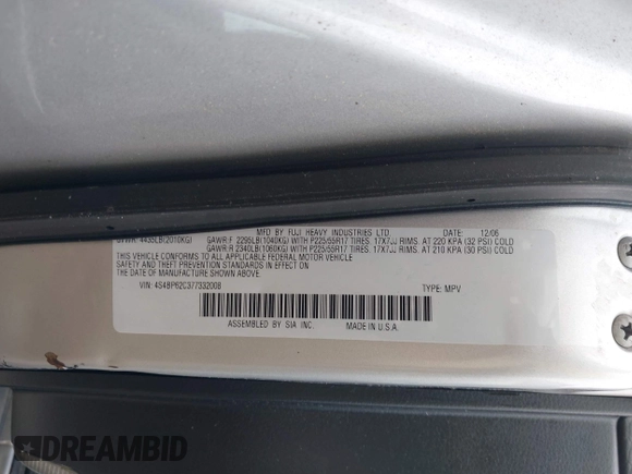 2007 Subaru Legacy Outback Limited with VIN 4S4BP62C377332008, listed as a IAAI auction lot 42894901 with 124,912 mi miles and . Bid and sale history available at DreamBid. Image 9.