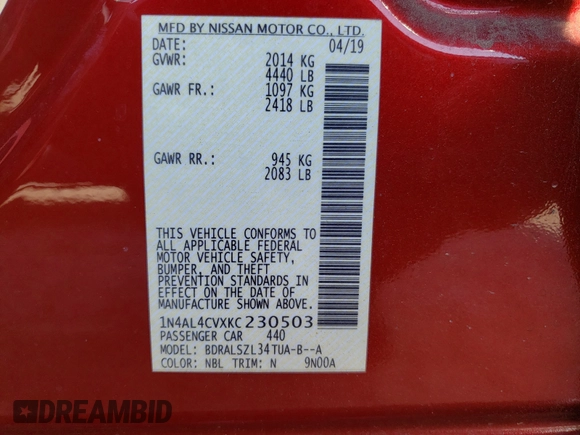 2019 Nissan Altima SR with VIN 1N4AL4CVXKC230503, listed as a Copart auction lot 60393041 with 47,270 mi miles and Non Repairable. Bid and sale history available at carsss.com. Image 10.