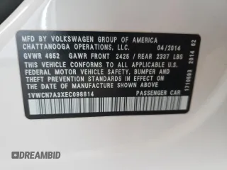 2014 Volkswagen Passat TDI SEL Premium with VIN 1VWCN7A3XEC098814, listed as a Copart auction lot 53314255 with 111,916 mi miles and Clean Title. Bid and sale history available at carsss.com. Image 12.