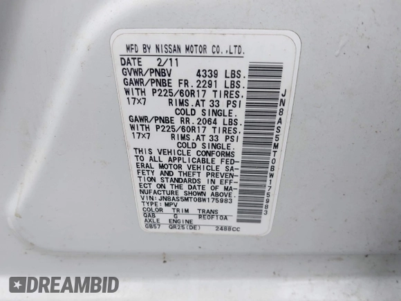 2011 Nissan Rogue SV with VIN JN8AS5MT0BW175983, listed as a IAAI auction lot 42040593 with 145,219 mi miles. Bid and sale history available at carsss.com. Image 9.