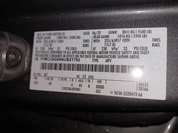2022 Ford Escape SE with VIN 1FMCU9G69NUB21752, listed as a IAAI auction lot 41890357 with 33,434 mi miles. Bid and sale history available at carsss.com. Image 9.