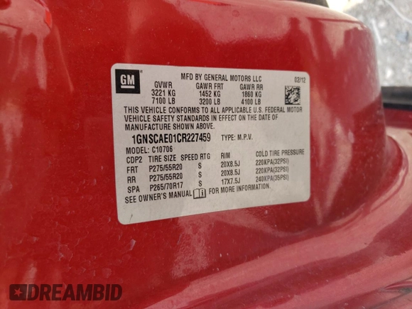 2012 Chevrolet Tahoe LS with VIN 1GNSCAE01CR227459, listed as a Copart auction lot 56353955 with 201,836 mi miles and Salvage title. Bid and sale history available at DreamBid. Image 13.