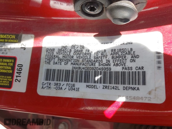 2009 Toyota Corolla with VIN 1NXBU40E09Z049359, listed as a IAAI auction lot 42041746 with 211,167 mi miles. Bid and sale history available at carsss.com. Image 9.