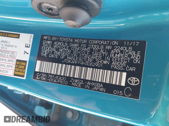 2017 Toyota Prius Plus with VIN JTDKARFP4H3062901, listed as a IAAI auction lot 42007458 with 89,893 mi miles and . Bid and sale history available at DreamBid. Image 9.