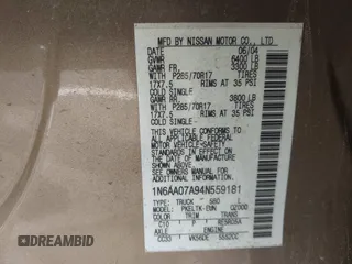 2004 Nissan Titan LE with VIN 1N6AA07A94N559181, listed as a IAAI auction lot 41637533 with Not Provided miles and . Bid and sale history available at DreamBid. Image 9.